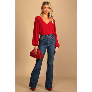 Lulus Stylish And Sincere Berry Red Long Sleeve V-neck Top - Size M